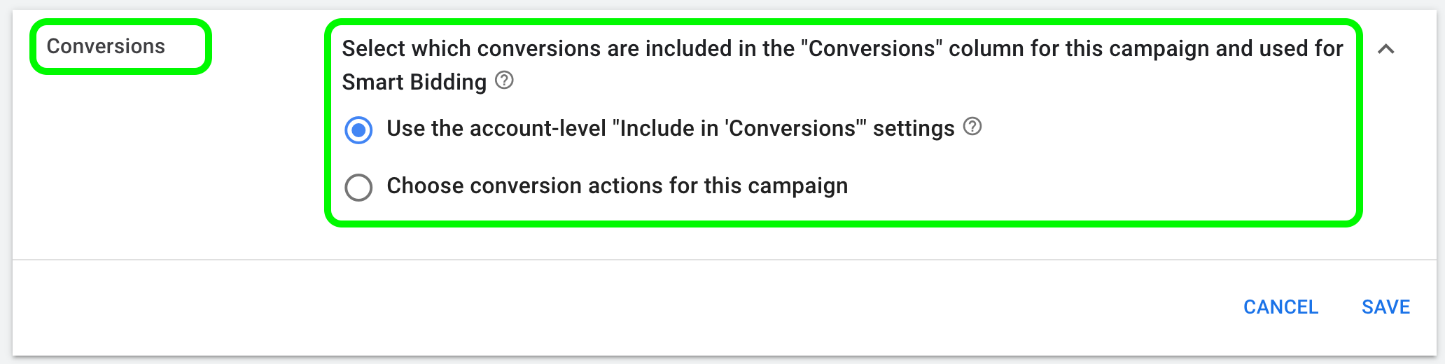 Conversion settings in google ads