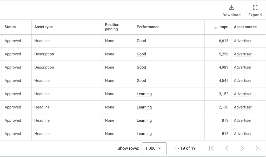 Google Ads Asset Report Details