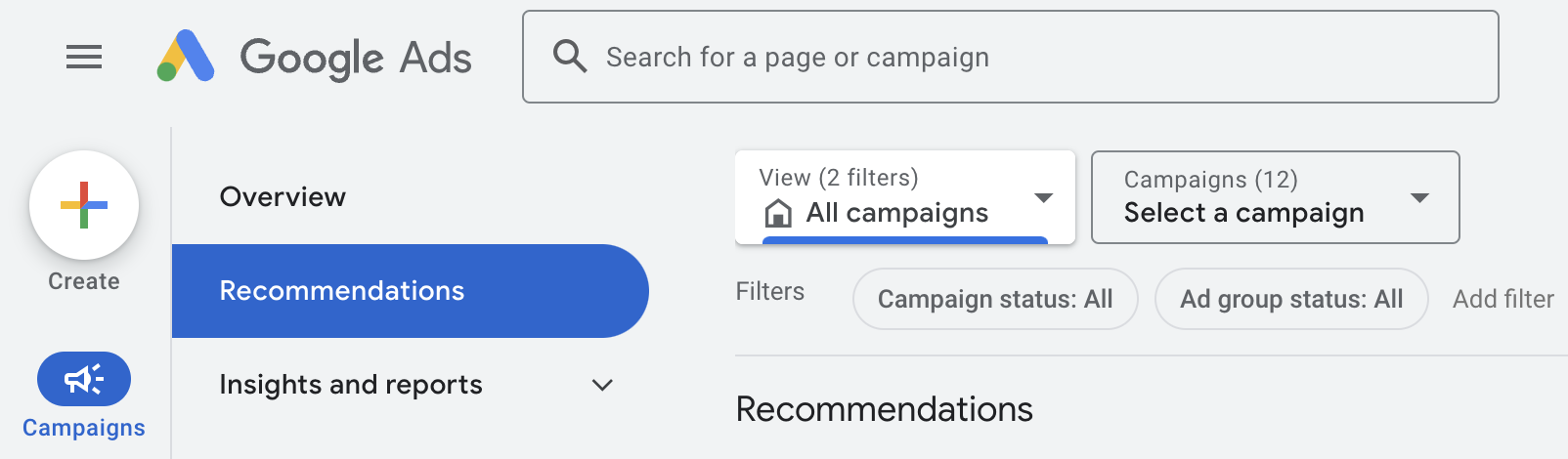 Recommendation Tab in Google Ads Interface
