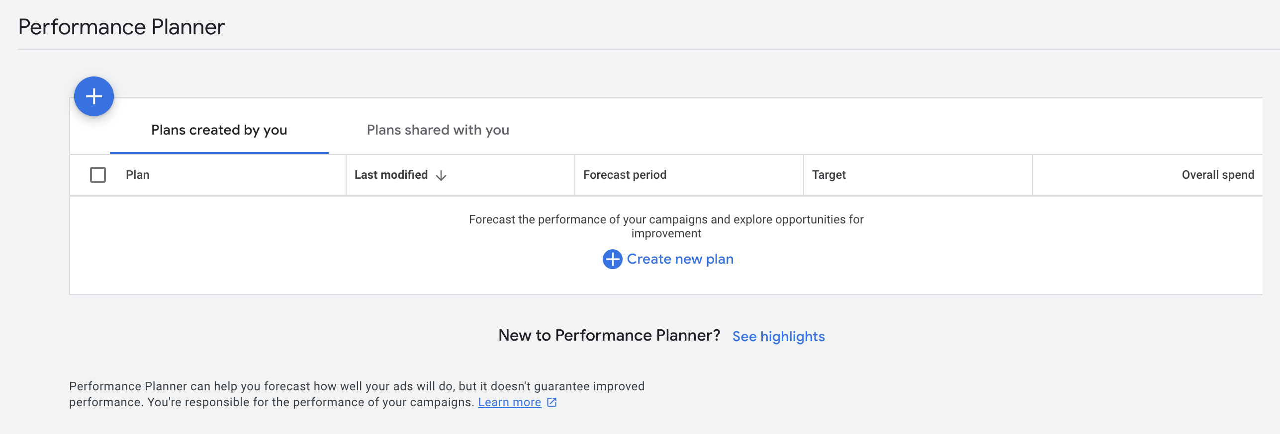 Create a Plan in Google Ads Performance Planner Step 1