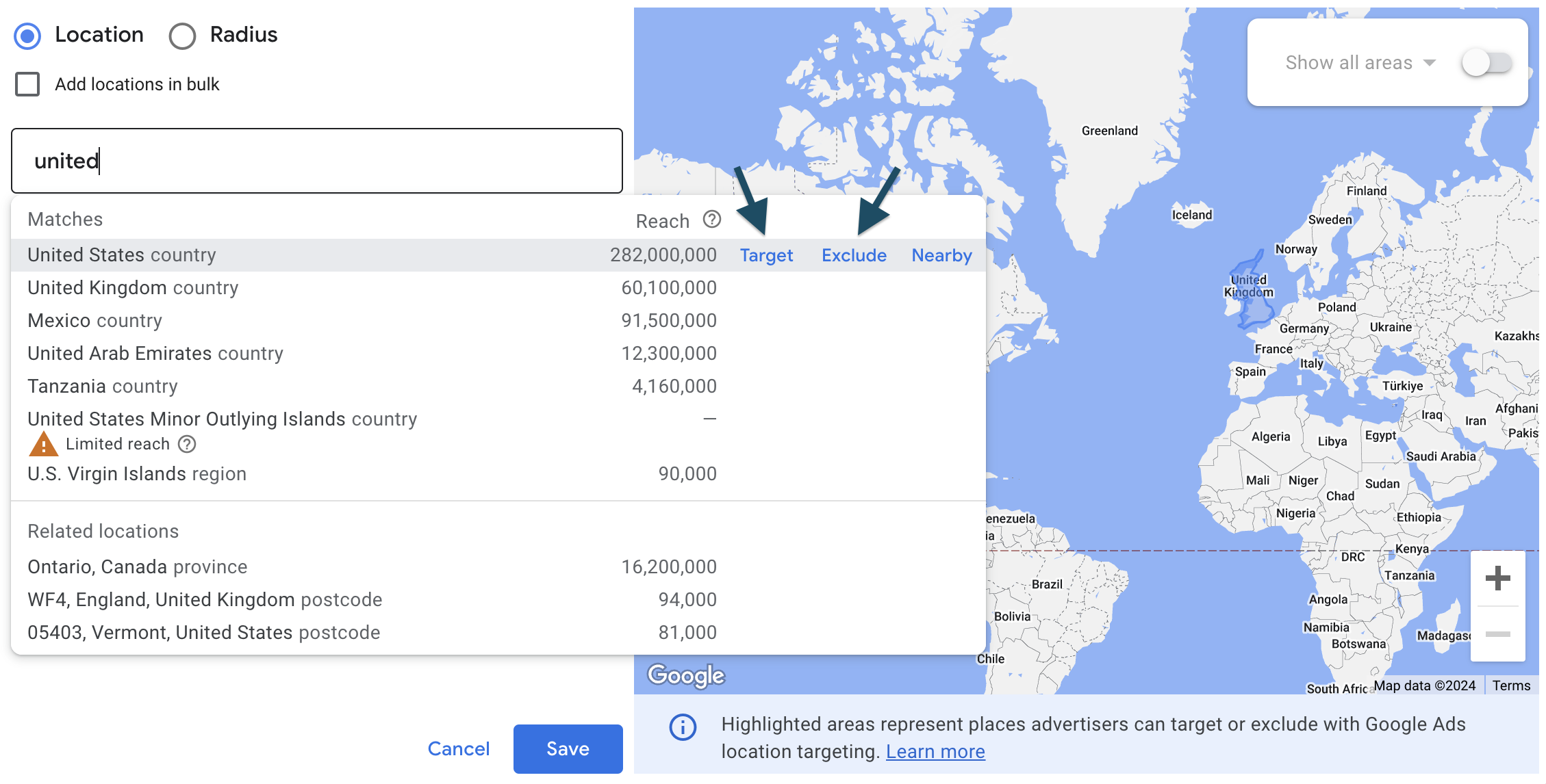 Adding and excluding location targeting in Google Ads campaign