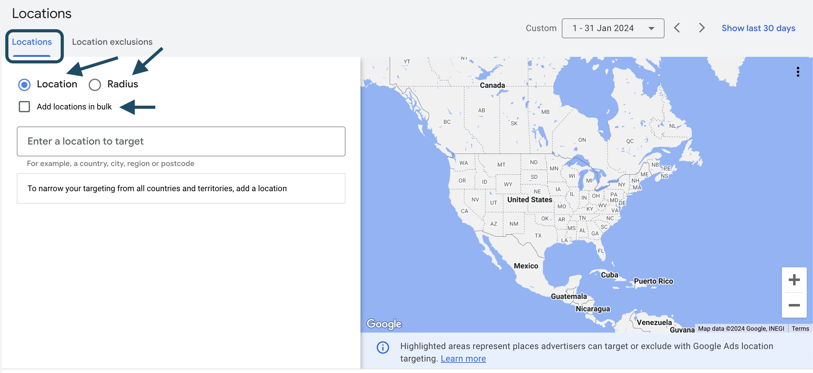 Selecting location targeting in Google Ads