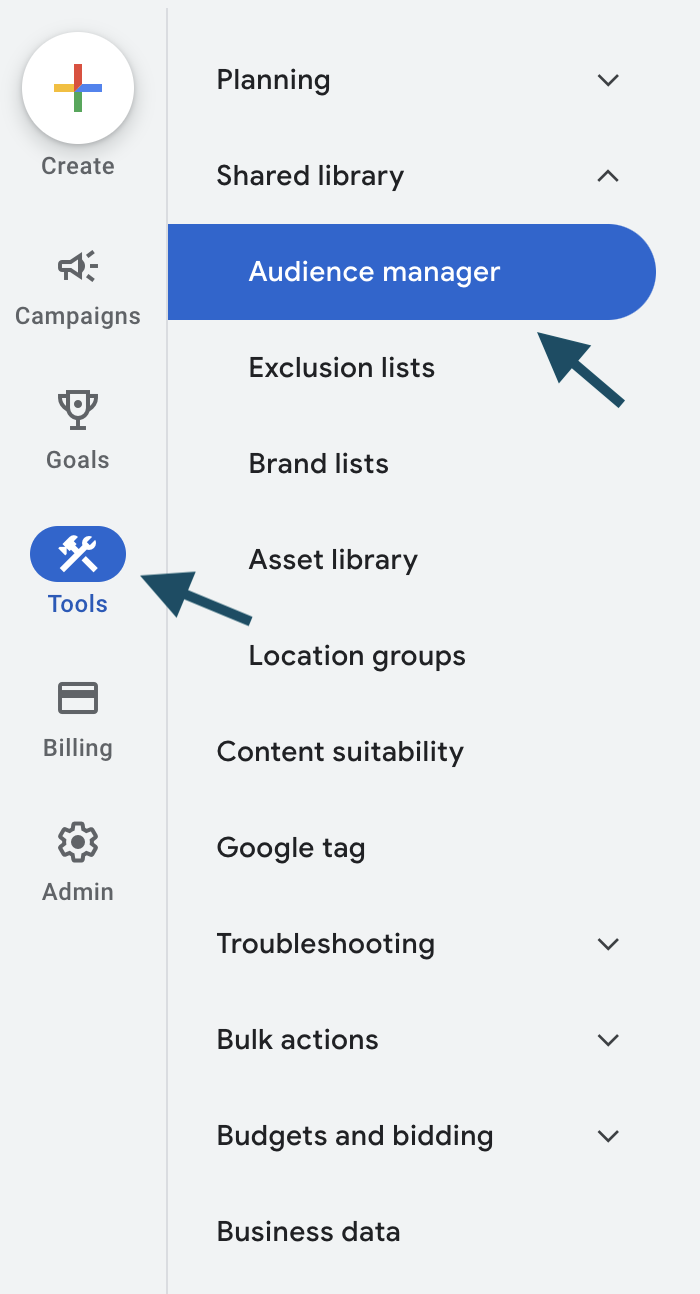 Navigating to Audience Manager in Google Ads